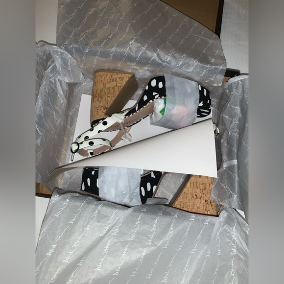 Betsy Johnson Sprite Dot Print Platform Cork Block Heel Sandals. Black/White - Picture 10 of 10